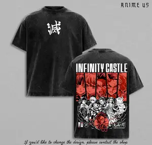 Infinity Castle Vintage Washed Anime T-Shirt | Tanjiro, Nezuko, Zenitsu, Inosuke, Mitsuri, Muichiro, Shinobu | Kimetsu No Yaiba Demon Slayer Oversized Streetwear Tee | Heavy Cotton Retro Gift for Fans