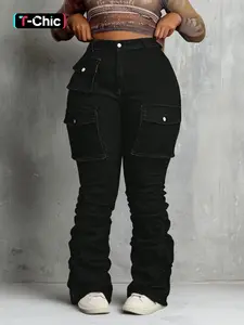 Women's Plus Size Elastic Denim Jeans, Stretchy, Stretch Fabric, Solid, Large Pockets Design, Street Style, Casual Fashion, All-Season Women's Jeans, Pants