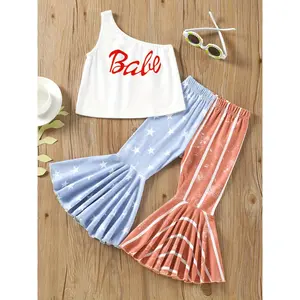 Spring/Summer Girls' Set: Girls' Off-the-Shoulder Sleeveless Top + Colorful Flare Pants Set