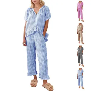 JovenPara Womens Plaid 2 Piece Pajamas Sets Cotton Gingham Button Down Puff Sleeve Babydoll Shirt Ruffle Pants Y2K Pjs Lounge Set