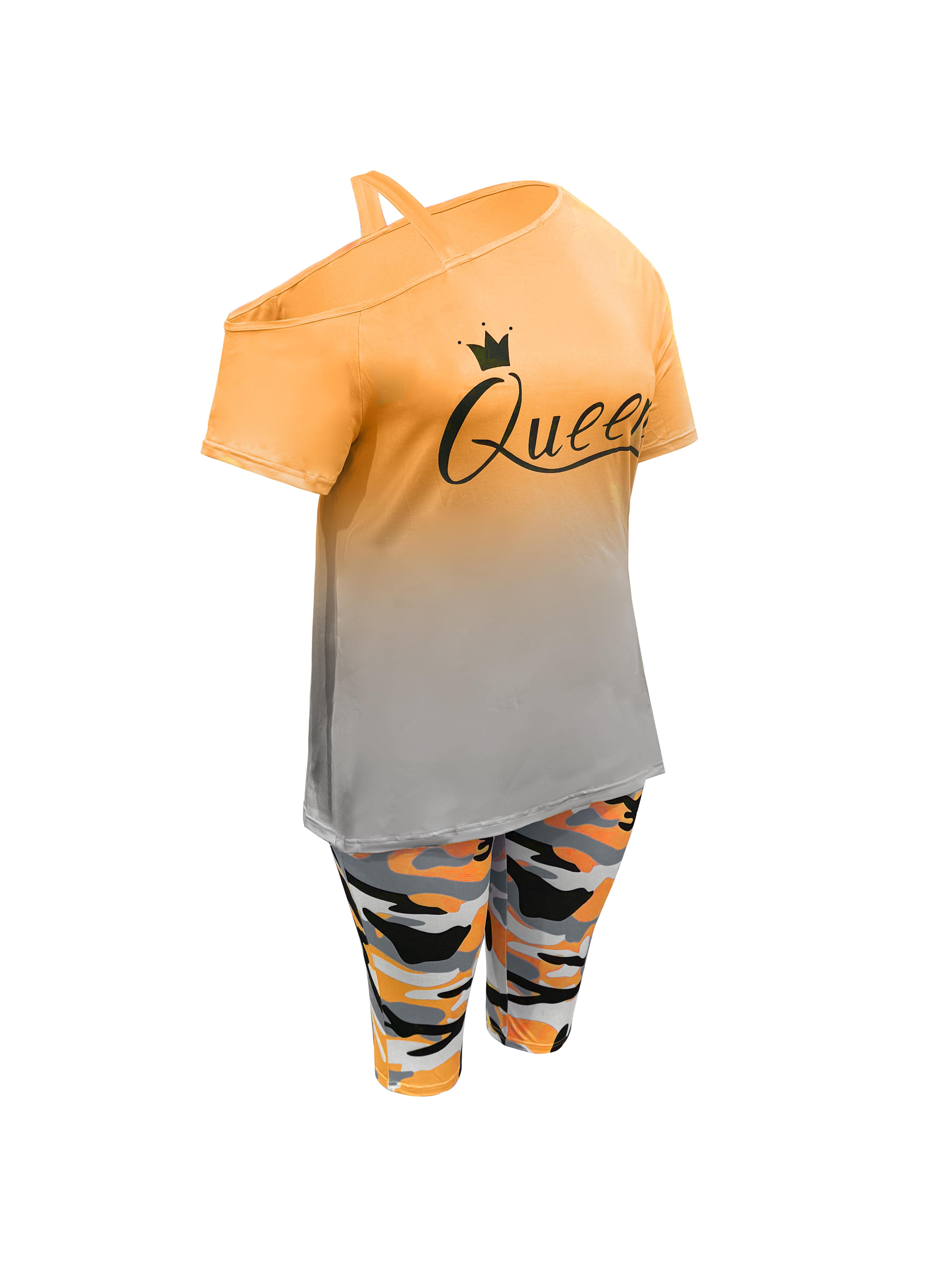 Women's 2-Piece Casual Chic Cowl Neck Shortsleeve Outfits - "Queen" Lettering Camisole, Camouflage Shorts, Casual Vacation Wear, Casual Chic Set