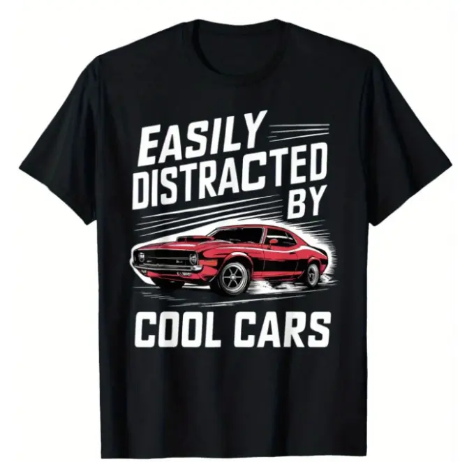 Car Lover Unisex Summer Oversize Cotton Tee Easily Distracted By Cool Cars Vintage Muscle Car Dynamic Line Print For Retro Auto Fan Casual Daily Outfits Soft Breathable Heat Transfer Loose Fit