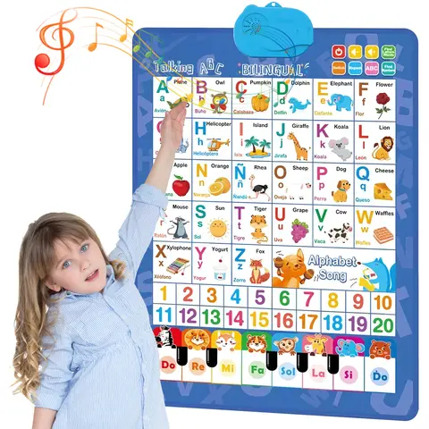 Bilingual Spanish-English Interactive Electronic Alphabet Wall Chart - Talking ABC 123s Music Poster with Magnetic Letters Board, 2-Lang Learning Preschool Alphabet Tool & Toddler Gifts for 1-6 Years Unisex Letters Language Toys