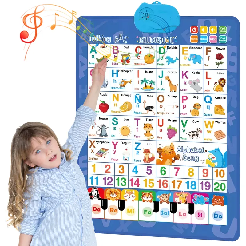 Bilingual Spanish-English Interactive Electronic Alphabet Wall Chart - Talking ABC 123s Music Poster with Magnetic Letters Board, 2-Lang Learning Preschool Alphabet Tool & Toddler Gifts for 1-6 Years Unisex Letters Language Toys
