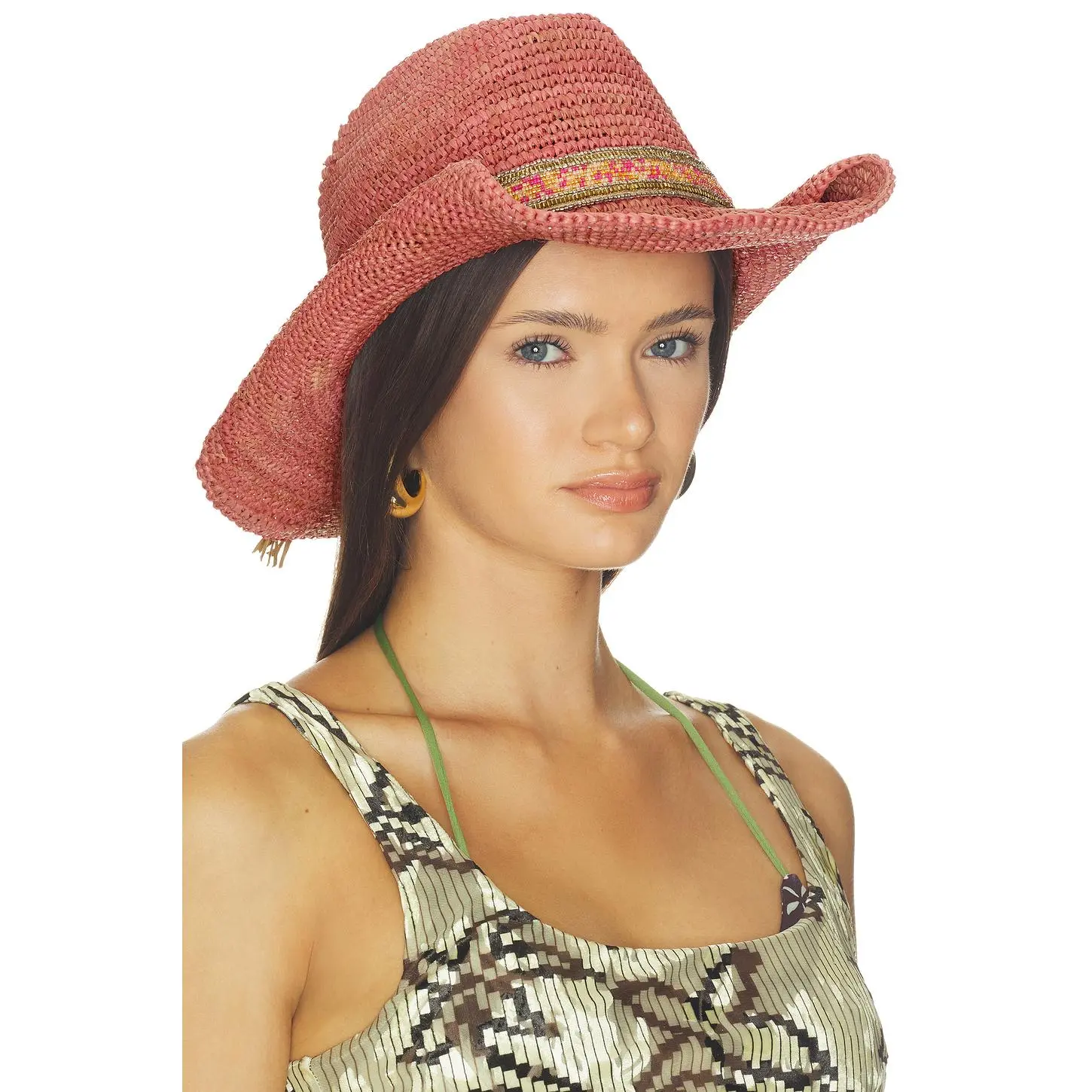 florabella Skyler Crochet Raffia Cowboy Hat in Pink Sherbet