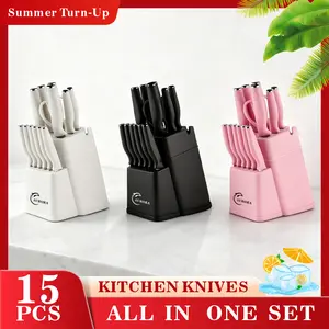 15 Pcs Steel Kitchen BlockKnife Set with Block, Sharpener, Heavy PoultryShears and 6pcs Serrated Steak Knives RazorSharp, Anti-Slip Handle Steel,Handy, Stainless German Blade Utensils Modern Kitchenware Storage Cutting