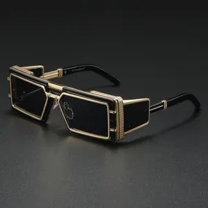 Futuristic Glam Geometric Square Sunglasses Black Gold Metal Frame with Cut Out Accents Square Mirrored Shades UV400 Protection Ornate Luxe Detailing