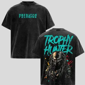 Predator Trophy Hunter Graphic Boxy Tee, Vintage Washed Yautja Alien Heavyweight Cotton T-shirt, Oversized Drop Shoulder Movie Streetwear, Unisex Sci-Fi Horror Graphic Tee