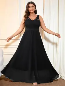Plus Size Women's V Neck Sleeveless Lace Splicing Chiffon Long Dress, Elegant Sexy Aesthetic Chic Style, Waist Cinching, Party Wedding Date Night Gown