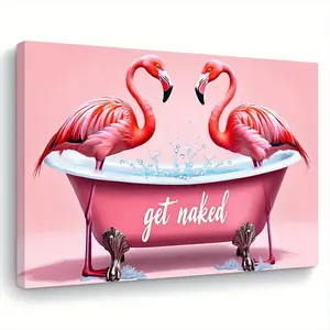 2D Flat 1 Piece Flamingo in Bathtub Canvas Art Print - 2D Flat Wooden Frame Wall Decoration, Romantic Pink Bathtub with Flamingo and "Undressing" Text, Suitable for Living Room, Bedroom, Bathroom or Kitchen, Unique Gift for Fun Lovers, Bathroom Wall Art|