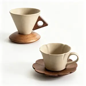 Wabi Sabi Ceramic with Acacia Base Coffee Cup Set Wooden Saucer Elegant Gift for Mother's Day, Valentine’s Day, Anniversary, Christmas & Coffee Tea Lovers, Vintage Minimalist Mug for Daily Coffee | summerwins