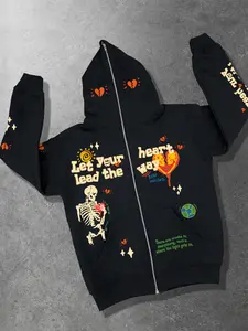 Cartoon love men and women wearing zippered cardigans hooded sweatshirts for men's street life, casual and fashionable hooded jackets, autumn and winter warm hoodies with fleece, skull sparkling stars, creative and cute pattern prints, Instagram style sui
