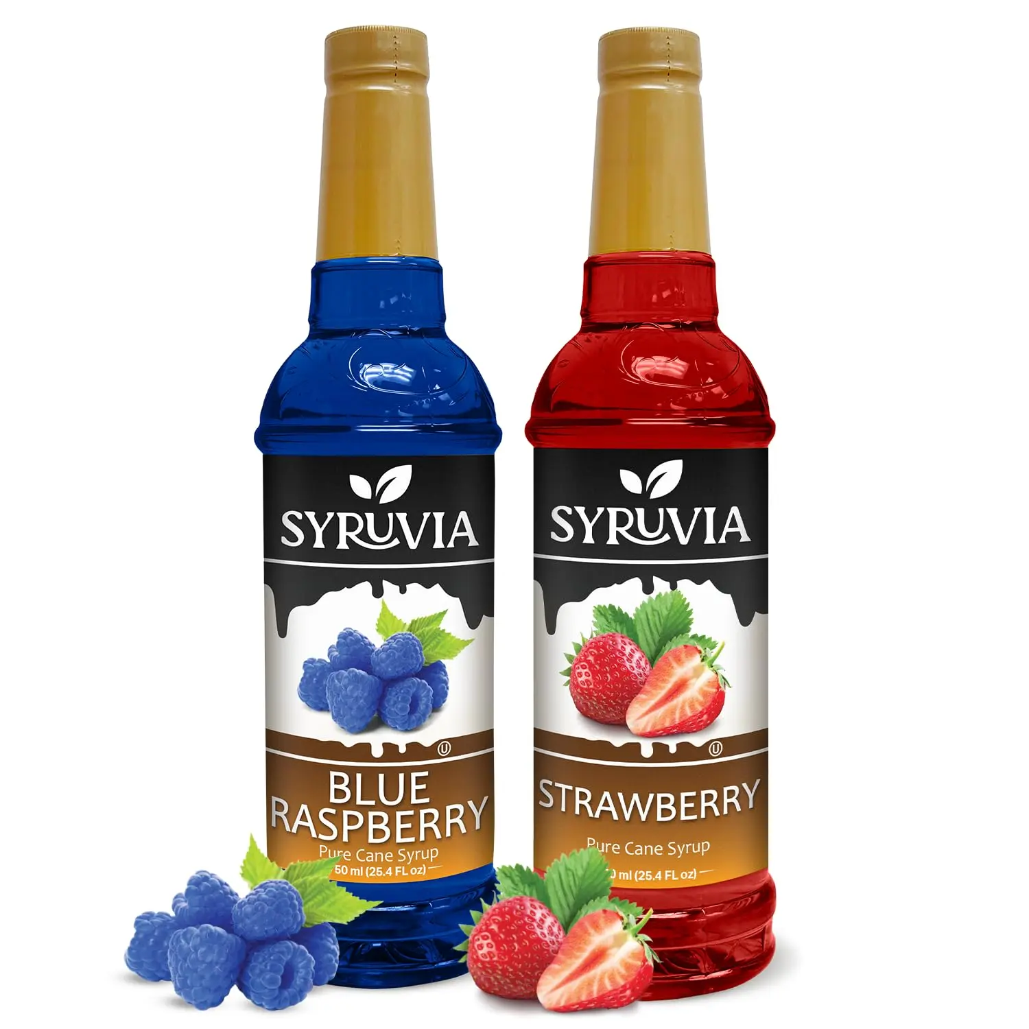 Syruvia Sweet Fruity Beverage Sugar Syrups & Concentrates 2-Piece Set - Gluten-Free, Blue Raspberry/Strawberry Flavors, Plastic Bottles - 25.4 fl oz Ambient/Room Temp - Ideal for Lemonades, Cocktails