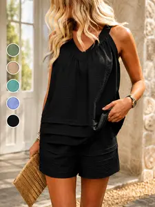 Elegant Women's Solid Color Halter Two-Piece Set, Sleeveless Tank Top with Layered Shorts, Casual Summer, Chic Vacation Style