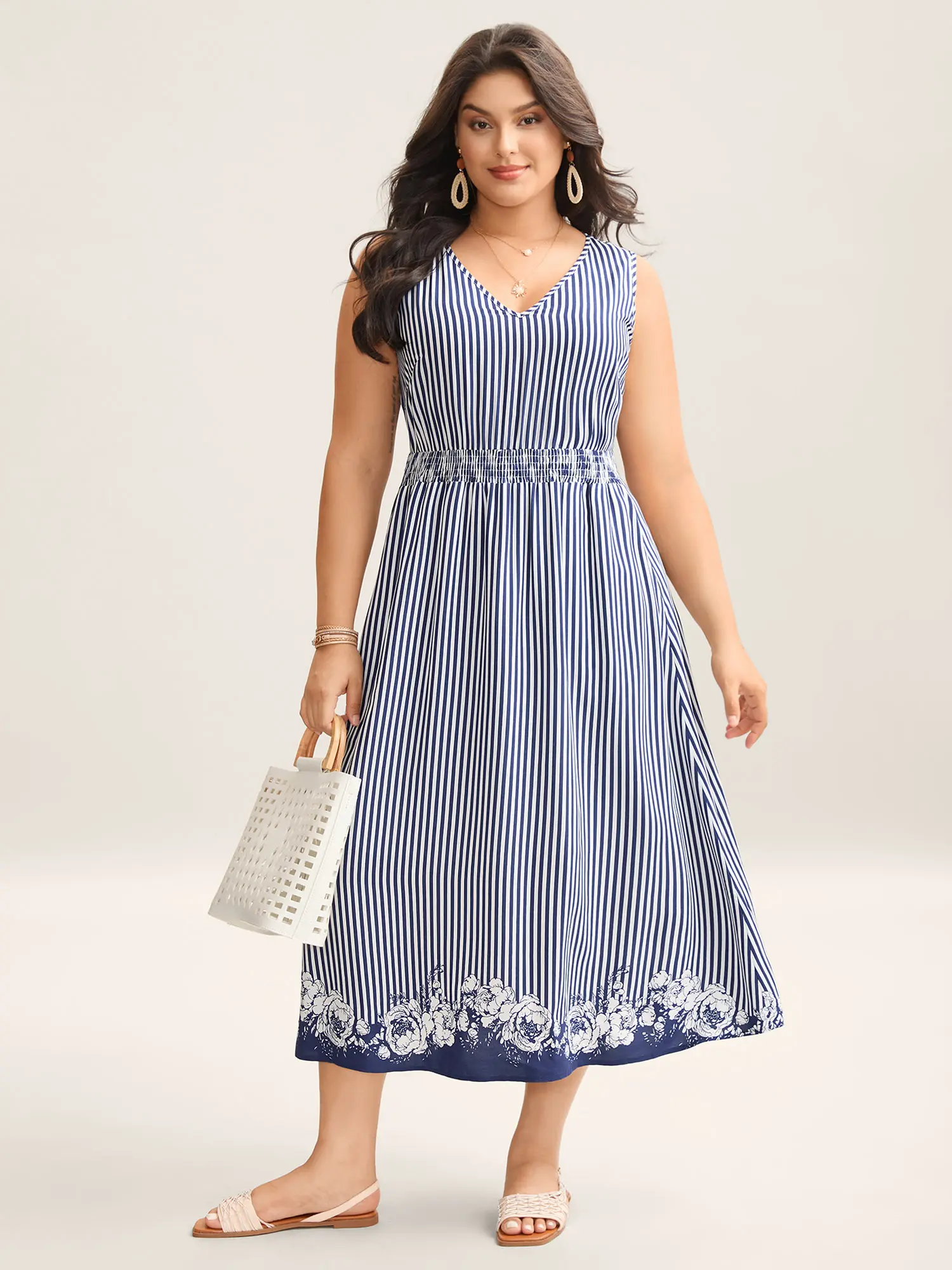 Women's BLOOMCHIC Striped Cinched-Waist Striped Floral Hem Shirred Sleeveless Rayon Maxi Dress - 2026 Summer Blue, Loose-Fit Casual, Smooth Fabric, Pockets, Resort Wear, Low Iron, Cold Wash, Wash With Like Colors, Do Not Tumble Dry