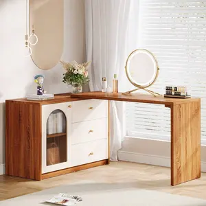 Modern  Vanity With 3 Drawers And Cabinet, Retractable Large  Corner Dressing Table For Bedroom, Living Room White Makeup wooden