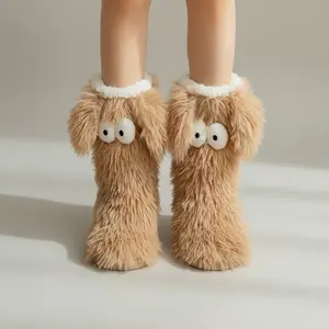 Women's Cute Fuzzy Monster Slipper Socks with Grippers Fashionable Cute Cozy Fuzzy Animal Winter Warm House Socks Plush Fluffy Ankle Slippers with Googly Eyes, Cozy Warm Home Shoes