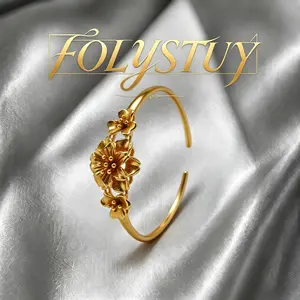 [FOLYSTUY(YNT01)]Timeless Dainty Floral Sculpted Open Bangle, Soft Matte Gold Tone Adjustable Cuff, Ideal Present For Vintage Floral Jewelry Lovers