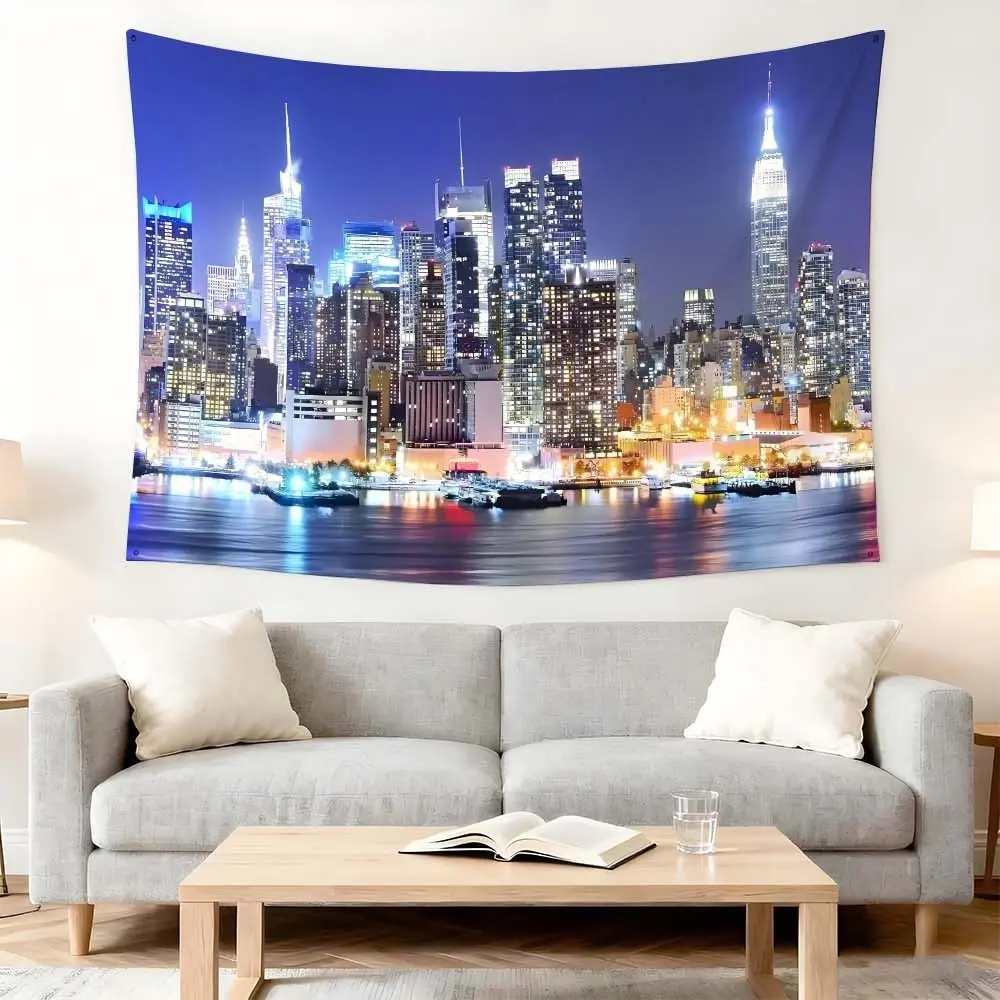 1 Pc Cityscape Night View Wall Tapestry Modern Home Décor Living Room Background Fabric Home Textile Festival Party Hanging Art Urban Skyline Decor Blue Tone Tapestry Room Aesthetic Enhancement