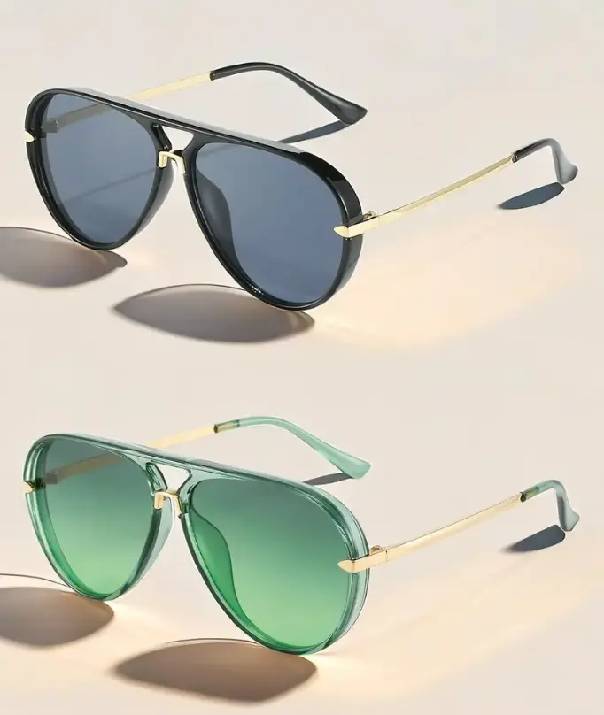 Women’s Unisex Aviator Sunglasses - Trendy Casual Fashionable Eyewear, Lightweight Durable Plastic Black Frame with Gold Trim, UV400 Protection, Soft Integrated Nose Pads, for Daily Driving, Outdoor Use, Mensfashion