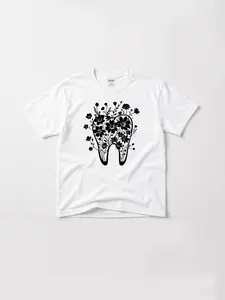 Women's Floral Tooth Cotton Top, Casual Classic Dentist Gift, Jeans-Matching Dental Professional T-Shirt