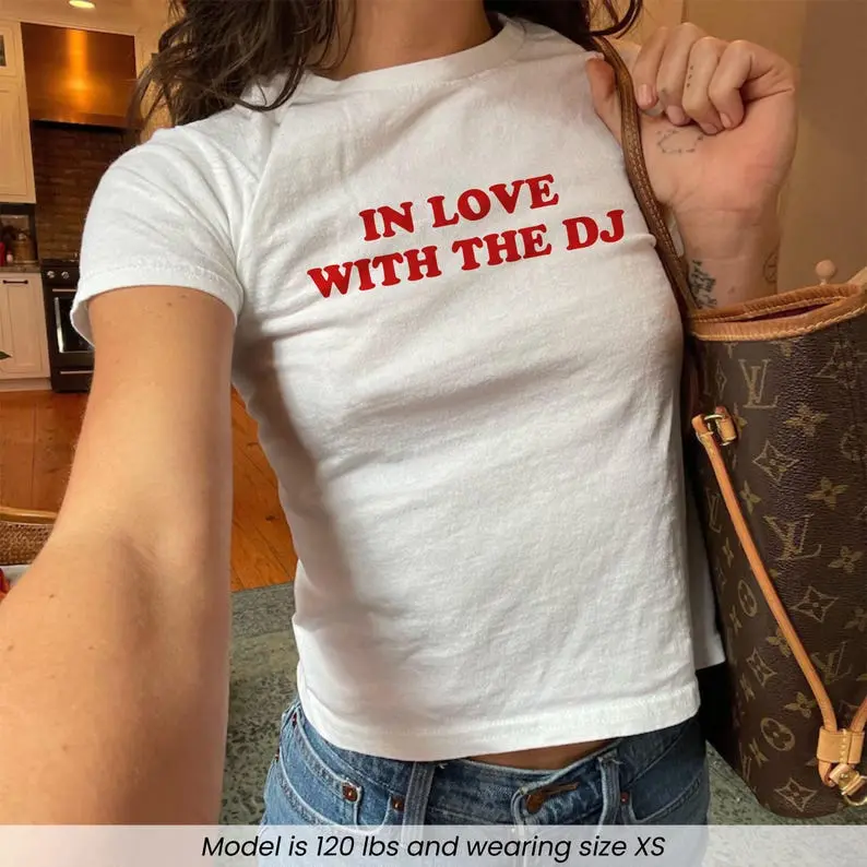 In Love With The DJ Baby Tee, Club Girl Shirt, Funny Rave Crop Top, Music Festival Y2K Tee, EDM Party Graphic Top, Gift For Her