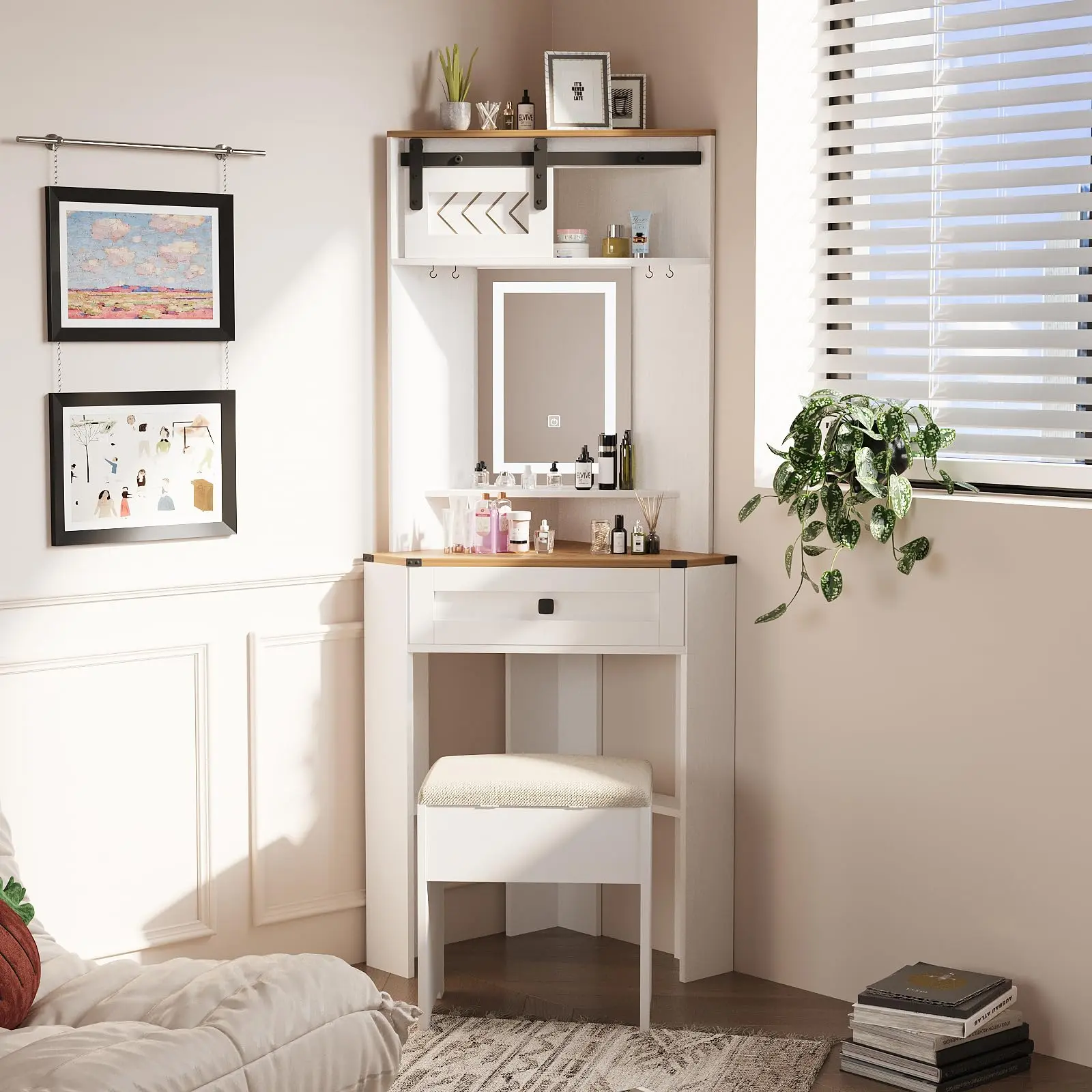 Small Makeup Vanity Desk Set with Mirror and Lights Corner Makeup Vanity Set with Drawers for Compact Space Farmhouse White Make up Dressing Table with Storage Stool for Bedroom IF056