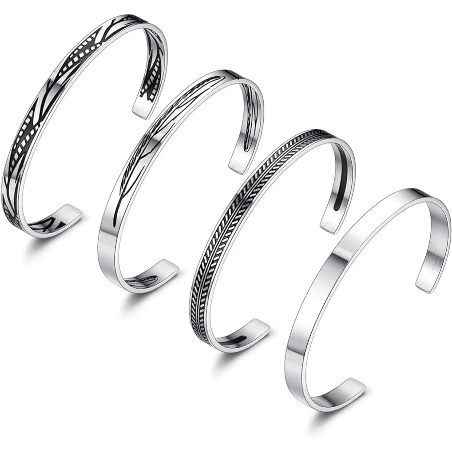 MILACOLATO 4Pcs Stainless Steel Bracelet Men's Cuff Bracelets Silver Cuff Bracelet Leaves Pattern Twisted Open Cuff Bracelet for Men Daily