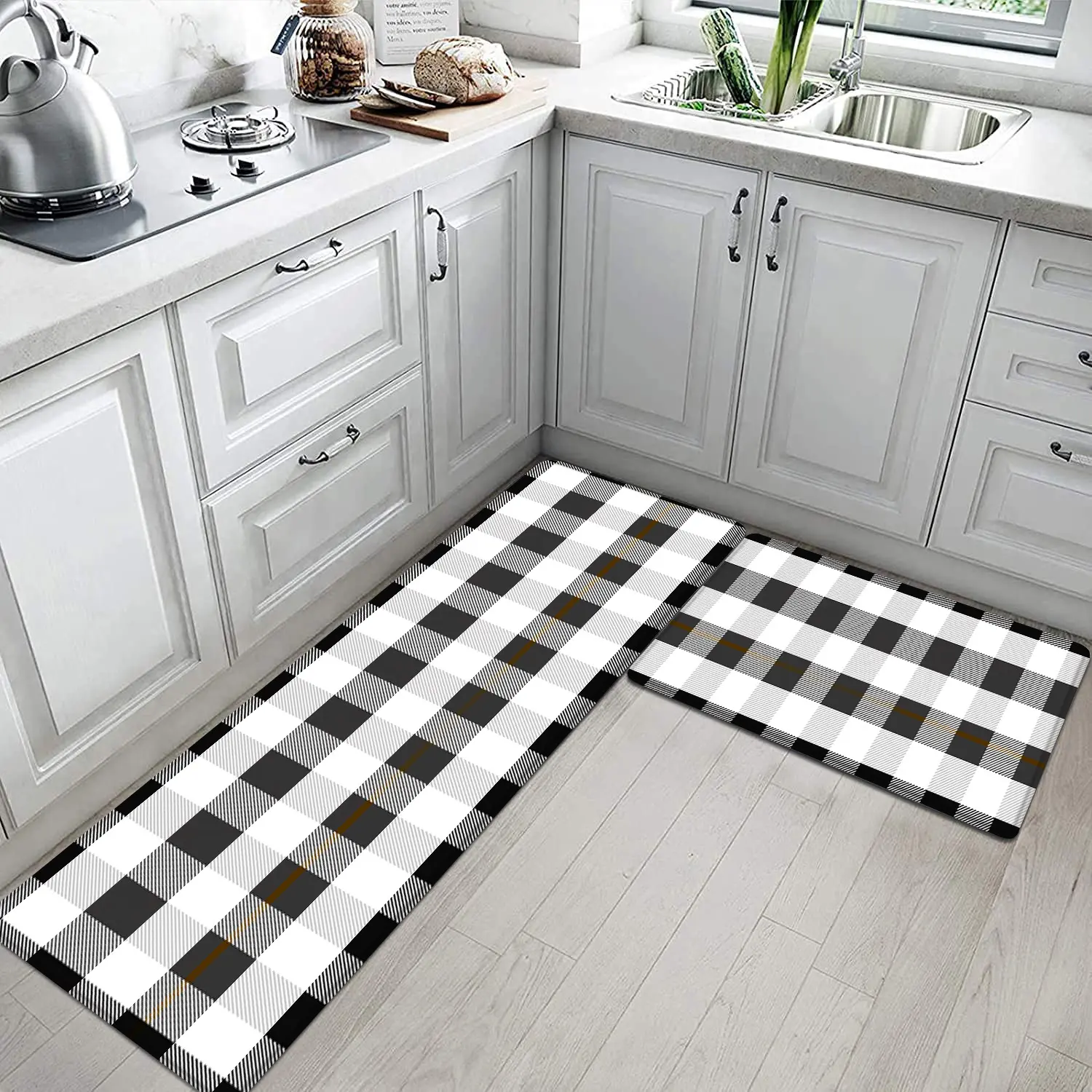 2 PCS Cushioned Anti-Fatigue Kitchen Mats Set, Black & White Checkered ...
