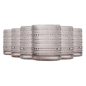 Khen Beaded Tumbler Drinking Glasses Set | Set of 6 | Vintage Hobnail 11 OZ Bubble Design Whiskey Glassware, Old-Fashioned, Embossed Design Glass for Water, Wine, Cocktail HAND WASH ONLY (Grey)