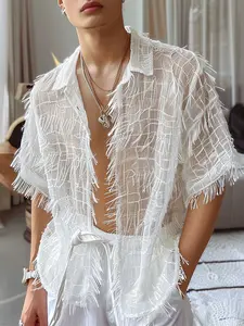 INCERUN  Men's Fashion Simple Shirt, Solid Short Sleeve Fringe Chiffon Transparent Top, Suitable for Daily Wear