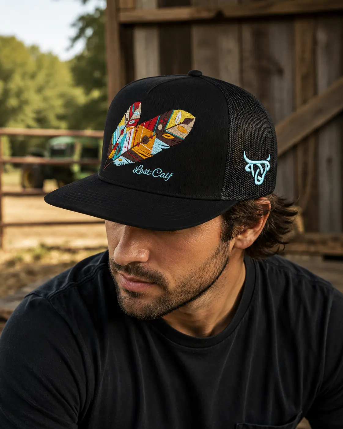 LCalf Feather Embroidered Trucker Hat Western Snapback Cap Black Mesh Flat Bill Hat Cowboy Ranch Rodeo Style Gift for Men Women