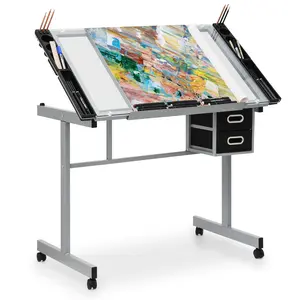 Drafting Table on Wheels with Storage & Side Tray Adjustable 0-65° Glass Tabletop