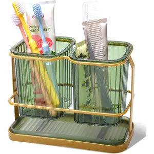 KONE Green Toothbrush Holders for Bathrooms, 2 Cups Toothbrush Holders Wall Mounted, Dry & Wet Separation, Organizers and, Toothbrush Holder Set for Kids