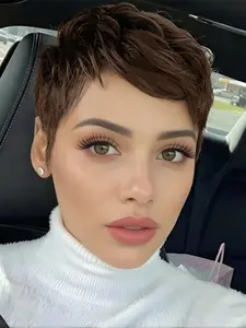 Pixie Cut Human Hair Wigs Burgundy, Machine Made Short Straight Layered Wig for Women, Natural, Daily Party Cosplay Gift Use