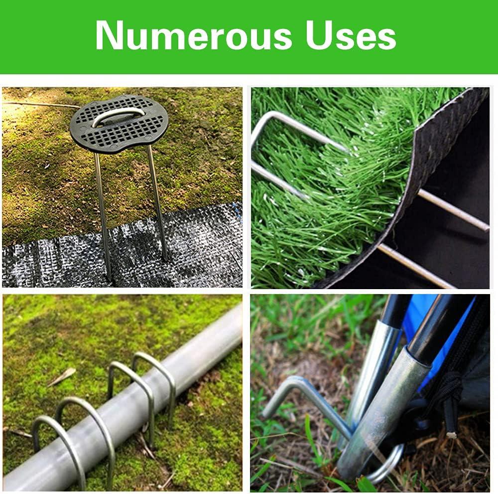 101-Piece Ergonomic Galvanized U-Shaped Garden Stakes Kit - 50 6-in 2.2mm Thickness Heavy-Duty Steel Wire Garden Staples, 50 Plastic Fixing Gaskets, 1 Pick Hook for Weed Barrier Cloth, Landscaping, Holiday Decorations