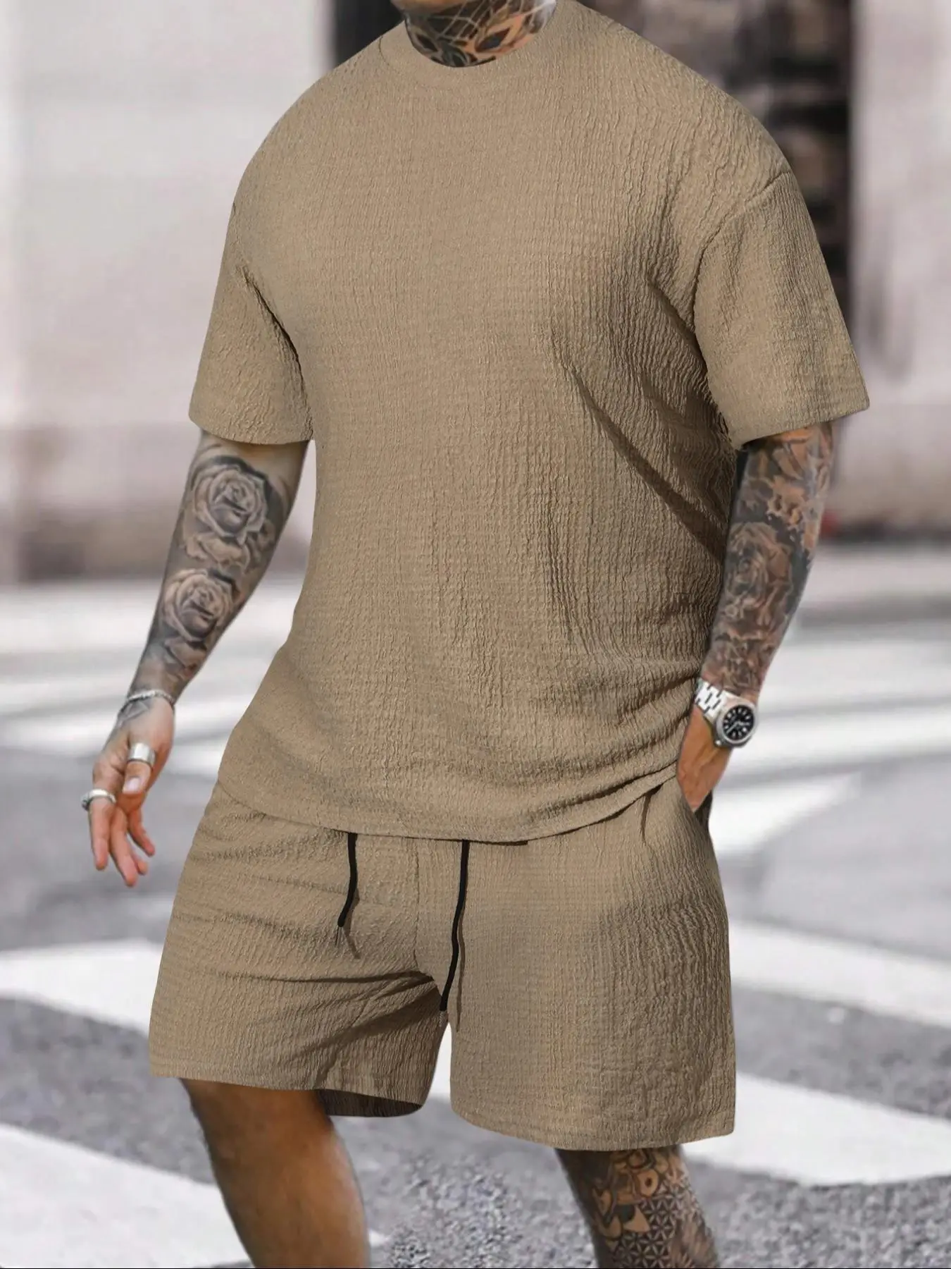 Men's Solid Textured Round Neck Tee & Drawstring Waist Shorts Pyjama Set, Short Sleeve Top & Shorts Set, Casual Comfy Men's Sleepwear & Loungewear, Me
