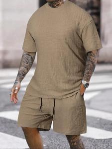 men's solid textured round neck tee & drawstring waist shorts pyjama set, short sleeve top & shorts set, casual comfy men's sleepwear & loungewear, knitted shortsleeve menswear