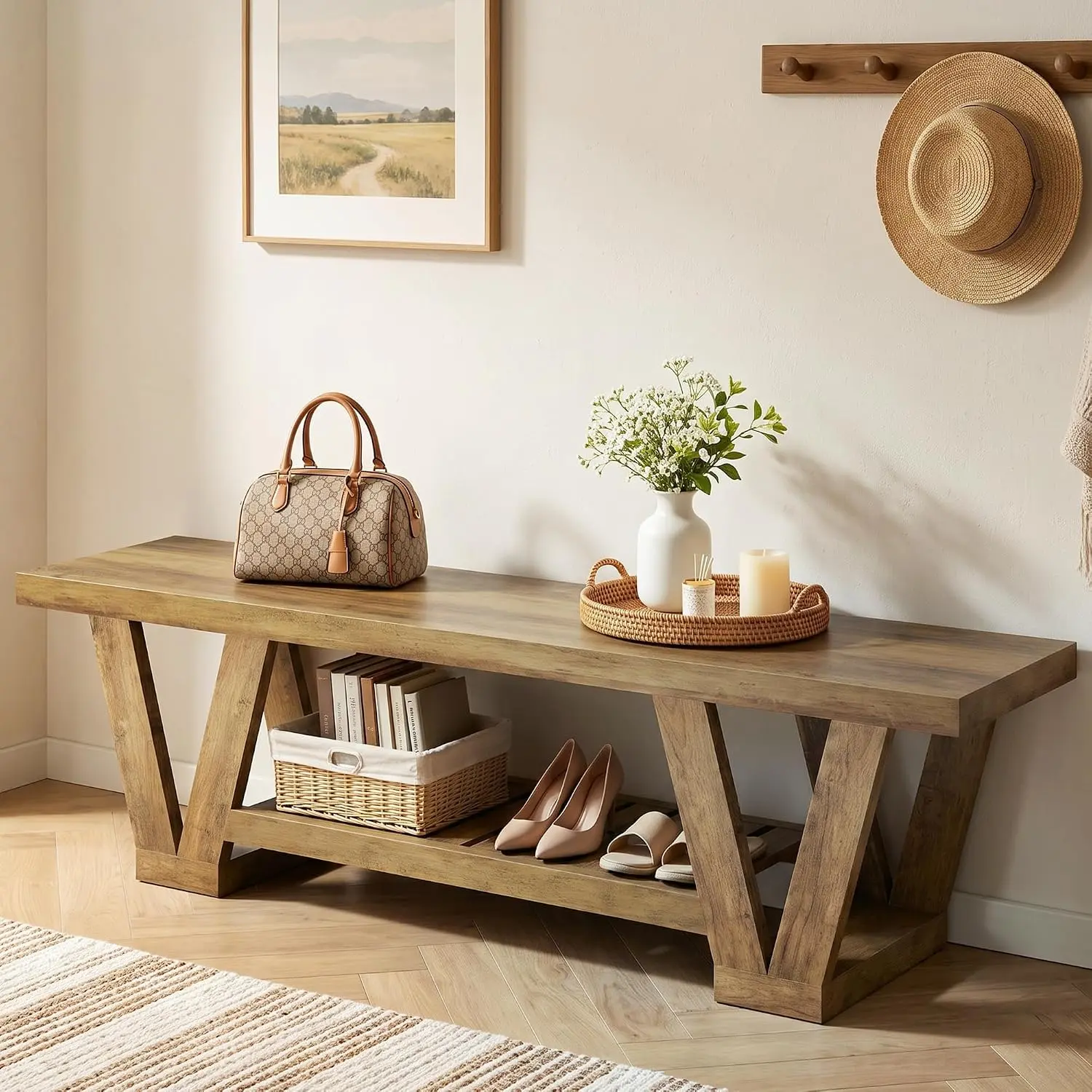 63" Wood Entryway Bench with Shoe Storage, Long 3-Tier Entry Way Foyer Bench Seat Indoor with Boots Shelf, Rustic Farmhouse End of Bed Stool w/ Triangular Leg for Bedroom, Dining, Living Room, Hallway