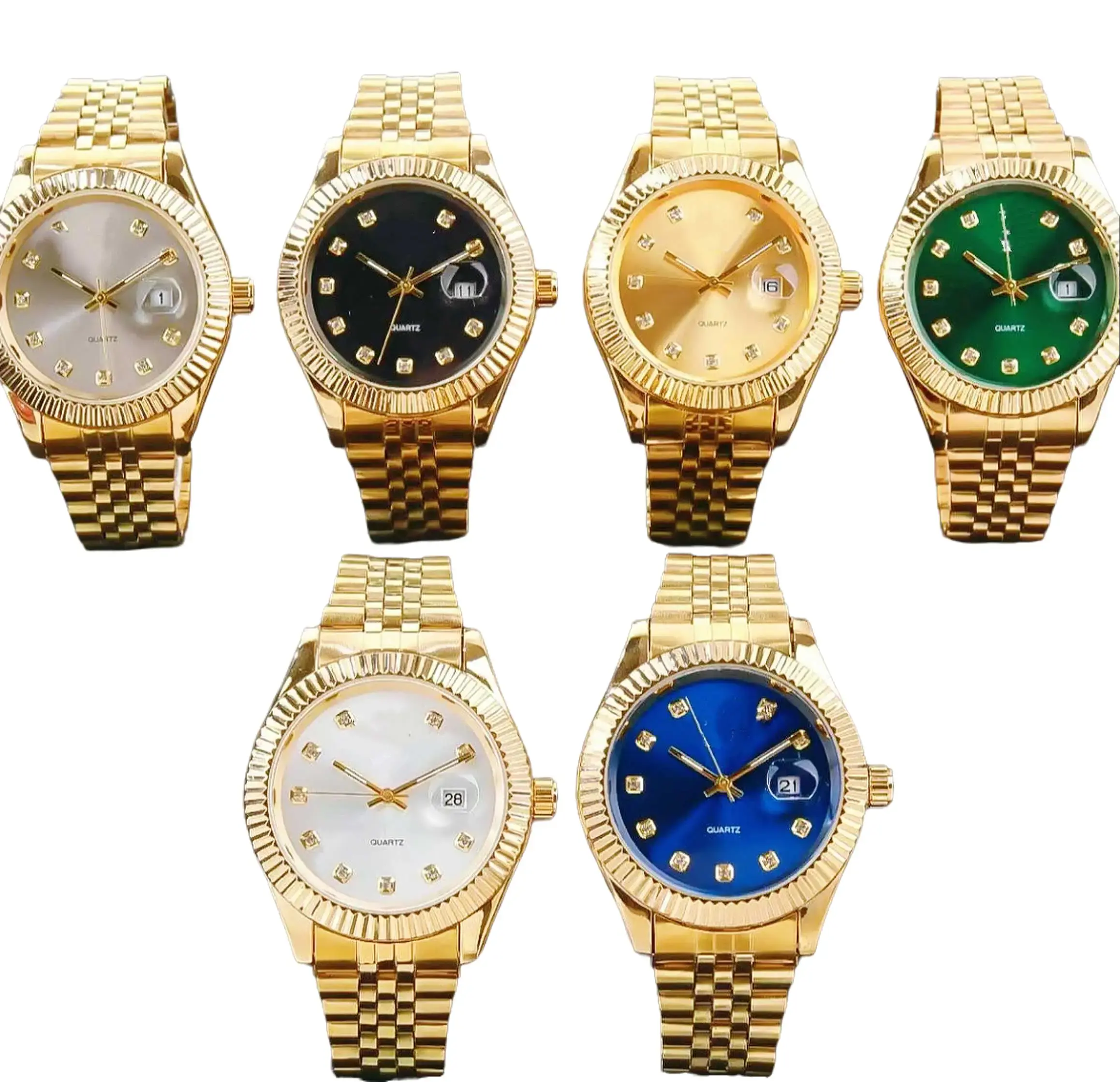 Men's business watch, gold bezel calendar model, all-stainless steel gold strap luxury quartz men's watch, offers 6 dial colors to choose from: gold, silver, blue, black, green, and white.