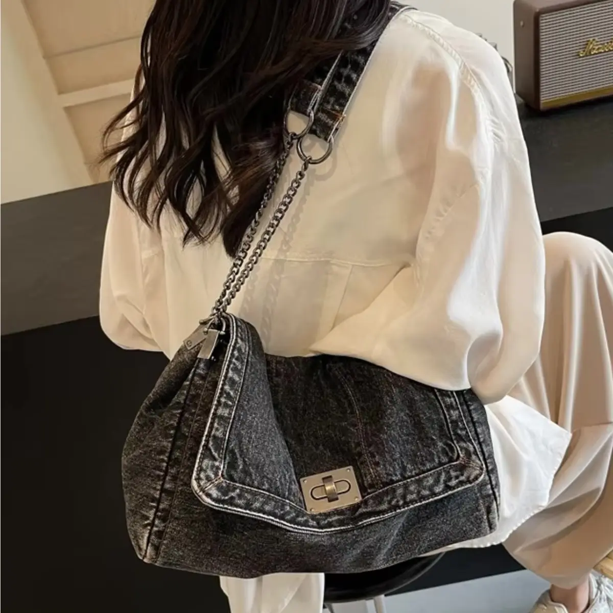 Women's Quilted Denim Satchel - Chic Casual Adjustable Crossbody Bag, Convertible Chain Strap Versatile Shoulder Purse, Hand Wash Only