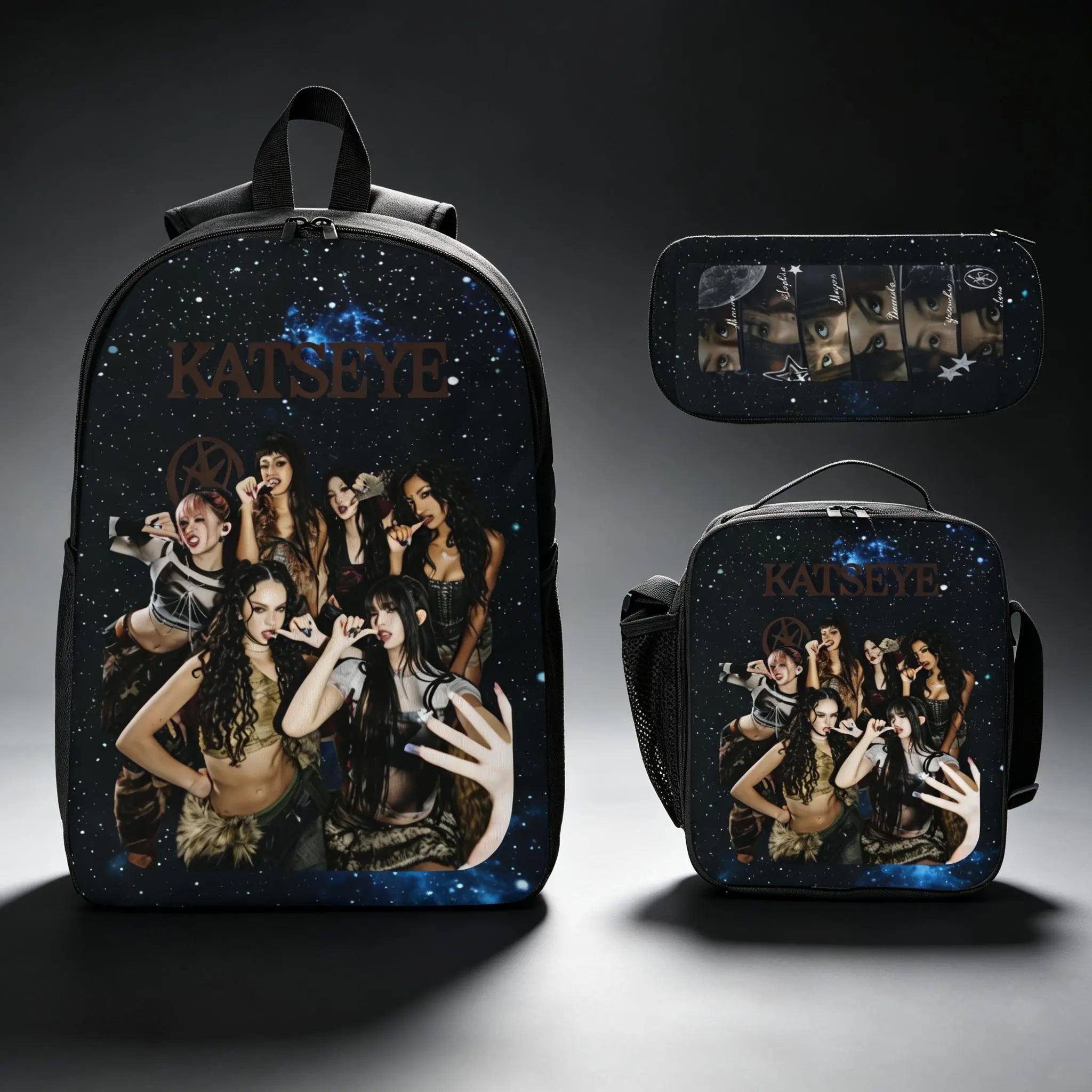 KATSEYE Galaxy 3 Piece Backpack Set with Insulated Lunch Bag & Pencil Pouch for Pop Music Fans, 600D Oxford Polyester, Trendy Y2K Streetwear School Gear, Ideal Back-to-School Gift