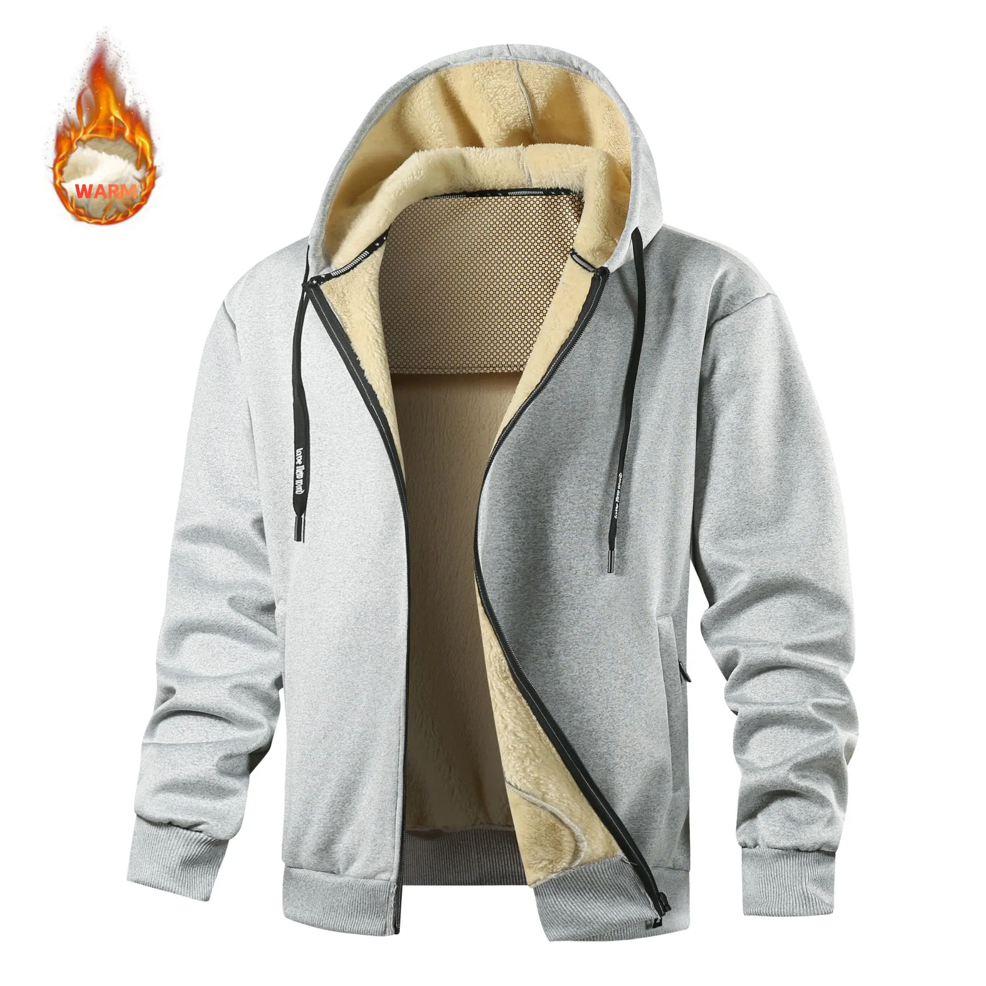 Men’s fleece-lined thick hooded zip-up cardigan for autumn/winter, warm, versatile athletic sweatshirt jacket