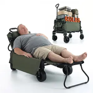 2-in-1 Heavy Duty Folding Garden Wagon Cart - Converts to Lounge Chair - 360° Swivel All-Terrain Wheels - Portable Utility Cart for Camping, Garden