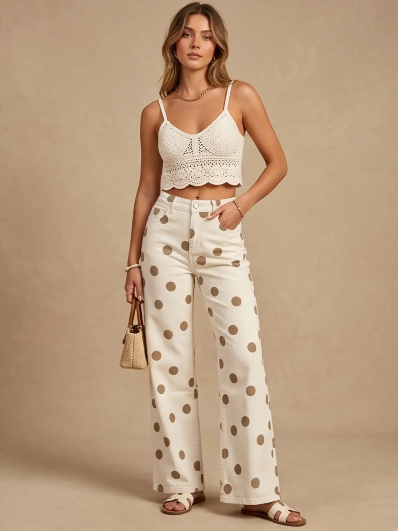 Women's High Elasticity Soft Designer Style Boho Bohemian Classic Polka Dot High Waisted Denim High Stretch Jeans Pants, Cotton Waist Slimming Fit, Casual Wear