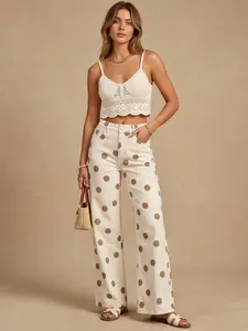 Women's High Elasticity Soft Designer Style Classic Polka Dot Jeans Pants, Cotton Waist Slimming Fit, Casual Wear