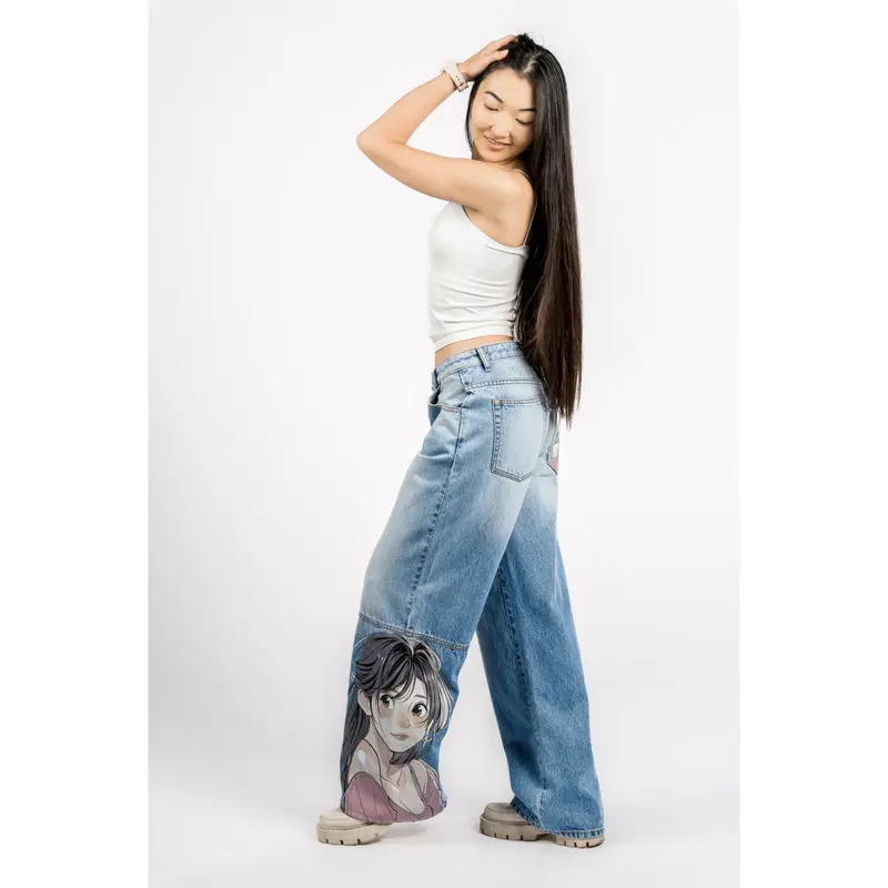 Navari Comfy Y2K Women's Denim Pants - Loose Fit, 5 Pockets, Zip Fly Closure, Light Wash, Anime Print, Comfortable & Stylish Bottoms for All Seasons