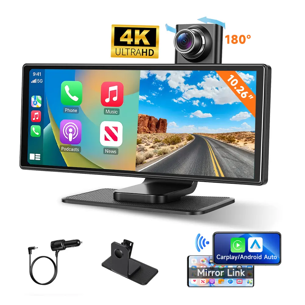 10.26 Inch In-Cell Touch Car Smart Screen | Wireless CarPlay Android Auto, 180° Rotatable 4K Front Dash Cam, Loop Recording, AirPlay Miracast Mirror Link, Split Screen Reverse Assist for All Vehicles