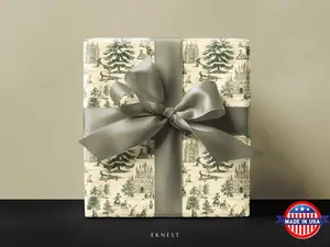 Toile De Jouy Green Cream Wrapping Paper, Holiday Gift Wrap, Classic Christmas, Vintage French Fabric Art Wrap Paper, Design Luxury