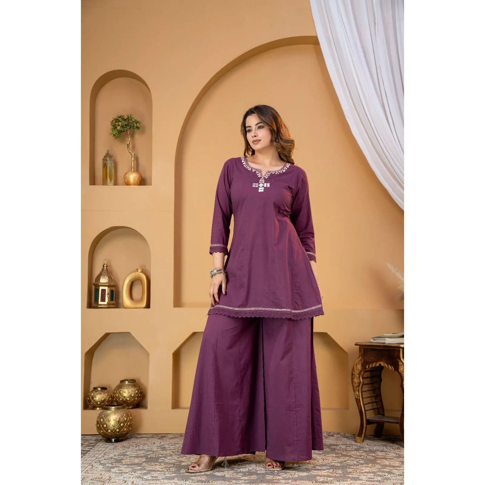 Wine Mirror Work Coord Set - Kurti and Sharara Pants